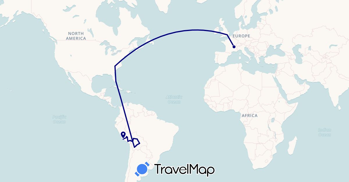 TravelMap itinerary: driving in Bolivia, France, United Kingdom, Peru, United States (Europe, North America, South America)